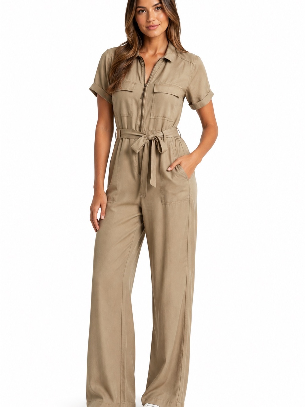 Utility Tie-Waist Jumpsuit in Khaki